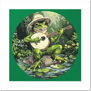 Vintage Fungi Cute Frog Playing His Banjo Frog Lover Frog Musician Posters and Art